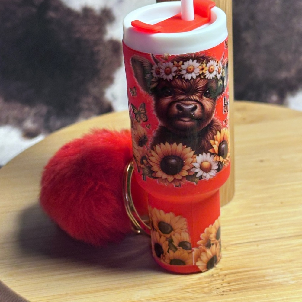 Red Floral Cow Print Keychain Accessory